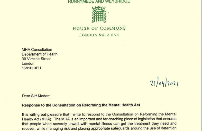 reforming the Mental Health Act consultation response from Dr Ben Spencer MP