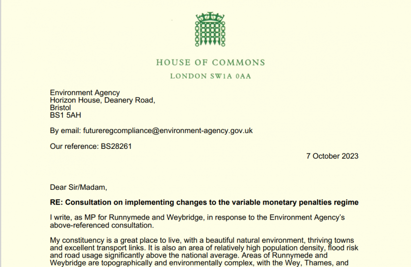 EA enforcement penalties consultation response from Dr Ben Spencer MP