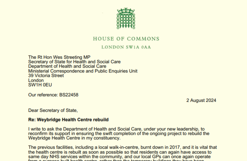 Letter to Health Secretary - Weybridge Health Centre