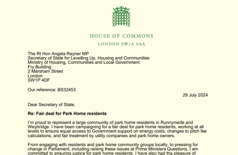 Letter to Communities Secretary regarding park homes campaign