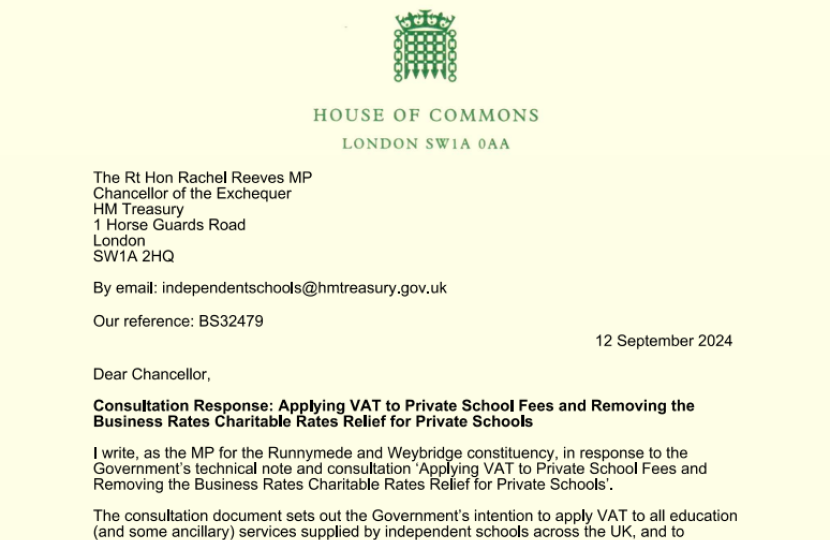 VAT on school fees consultation response from Dr Ben Spencer MP