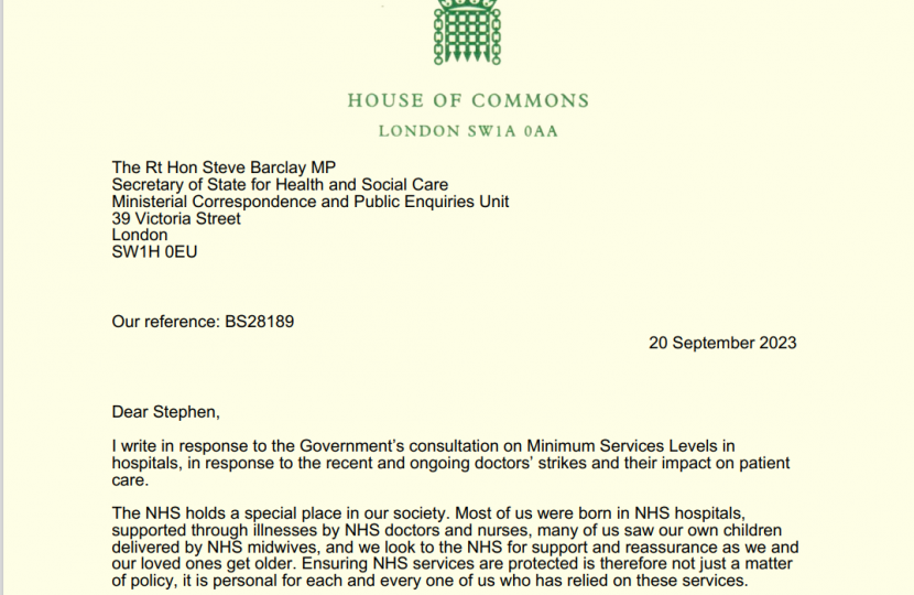 Letter from Dr Ben Spencer to the Health Secretary regarding Minimum Service Levels consultation