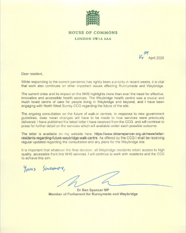 Letter to residents from Dr Ben Spencer MP