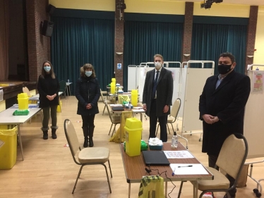 From Left: CCG Medicines Lead Linda Honey, Clinical Dead Dr Caroline Baker, Dr Ben Spencer and Cllr Nick Prescot welcome the begining of covid vaccinations at Chertsey Hall 