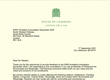 Dr Ben Spencer MP's response to the SWR timetable consultation