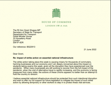 Letter to Secretary of State: rail strikes