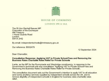 VAT on school fees consultation response from Dr Ben Spencer MP