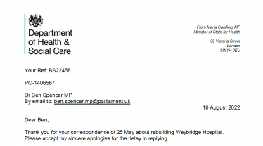 Weybridge hospital Ministerial reply Aug 2022