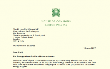 Letter to the Chancellor from Dr Ben Spencer MP regarding energy rebate for park home residents