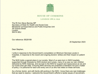 Letter from Dr Ben Spencer to the Health Secretary regarding Minimum Service Levels consultation